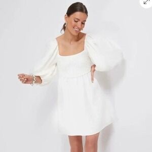 Tuckernuck Annie Linen Mini Dress White Dress Square Neck Smocked Puff Sleeve Sm